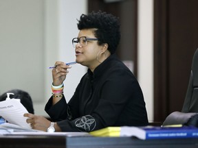 Judge Rachel Bell presides over general sessions court Wednesday, Sept. 27, 2017, in Nashville, Tenn., where the court appearance for Emanuel Kidega Samson was rescheduled for Oct. 6, 2017. Samson is charged with the fatal shooting of one woman and is expected to face several more charges after a church shooting at Burnette Chapel Church of Christ in Nashville earlier in the month.  (AP Photo/Mark Humphrey)