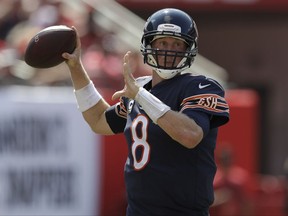 Chicago Bears quarterback Mike Glennon (8) looks to pass the ball, during the second half of an NFL football game against the Tampa Bay Buccaneers, Sunday, Sept. 17, 2017, in Tampa, Fla. (AP Photo/Chris O'Meara)