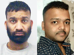 Gnanachandran Balachandran, left, was found guilty of the January murder of Suren Sivananthan, right, from Toronto. Prosecutors said Balachandran’s rabid jealousy over his estranged wife’s relationship with Sivananthan sparked the killing.