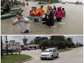 FILE - In this photo combination, evacuees wade down Tidwell Road in Houston on Aug. 28, 2017, top, as floodwaters from Tropical Storm Harvey rise, and a car drives down the same road on Sept. 5, bottom, after the water receded. (AP Photo/David J. Phillip, File)