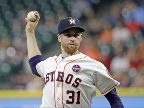 Houston Astros starting pitcher Collin McHugh throws during the first inning of a baseball game against the Chicago White Sox Tuesday, Sept. 19, 2017, in Houston. (AP Photo/David J. Phillip)