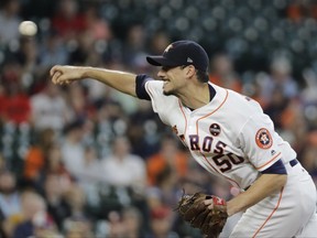 Houston Astros starting pitcher Charlie Morton throws against the Los Angeles Angels during the first inning of a baseball game Saturday, Sept. 23, 2017, in Houston. (AP Photo/David J. Phillip)