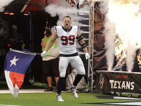 Houston Texans defensive end J.J. Watt (99) is introduced to the crowd prior to an NFL football game against the Jacksonville Jaguars, Sunday, Sept. 10, 2017, in Houston. (AP Photo/David J. Phillip)