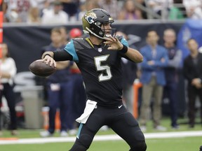 Jacksonville Jaguars quarterback Blake Bortles (5) drops back to pass against the Houston Texans in the first half of an NFL football game Sunday, Sept. 10, 2017, in Houston. (AP Photo/David J. Phillip)