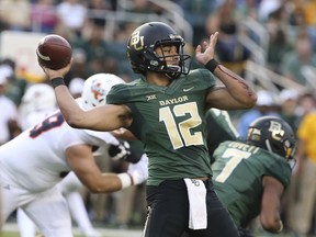 Baylor quarterback Anu Solomon (12) throws downfield against UTSA during the first half of an NCAA college football game Saturday, Sept. 9, 2017, in Waco, Texas. (Rod Aydelotte/Waco Tribune Herald, via AP)