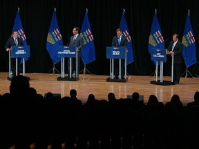 United Conservative Party leadership candidates from left; Jason Kenney, Doug Schweitzer, Brian Jean, and Jeff Callaway take part in a leadership debate at the Mount Royal Conservatory's Bella Concert Hall in Calgary on Wednesday September 20, 2017.