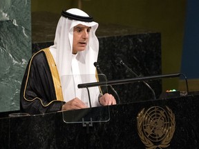 Saudi Arabian Foreign Minister Adel al-Jubeir addresses the United Nations General Assembly, Saturday, Sept. 23, 2017, at U.N. headquarters. (AP Photo/Craig Ruttle)