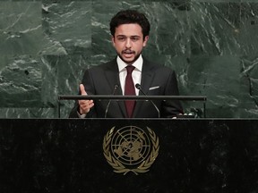 Jordan's Crown Prince Al Hussein bin Abdullah II addresses the United Nations General Assembly Thursday, Sept. 21, 2017, at the United Nations headquarters. (AP Photo/Frank Franklin II)