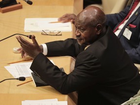 Uganda's President Yoweri Museveni speaks during a meeting of members of the African Union during the United Nations General Assembly, Wednesday, Sept. 20, 2017, at U.N headquarters. (AP Photo/Julie Jacobson)