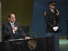 CORRECTS NAME TO Abdel-Fattah el-Sissi- Egyptian President Abdel-Fattah el-Sissi speaks during the 72nd session of the United Nations General Assembly at U.N. headquarters, Tuesday, Sept. 19, 2017. (AP Photo/Mary Altaffer)