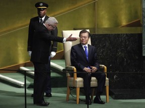 President Moon Jae-in of South Korea is invited to address the United Nations General Assembly, at U.N. headquarters, Thursday, Sept. 21, 2017. (AP Photo/Richard Drew)
