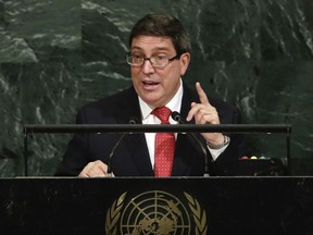 Foreign Minister Bruno Rodríguez Parrilla of Cuba addresses the United Nations General Assembly, at U.N. headquarters, Friday, Sept. 22, 2017. (AP Photo/Richard Drew)