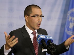 Venezuelan Foreign Minister Jorge Arreaza speaks to reporters during the United Nations General Assembly at U.N. headquarters, Tuesday, Sept. 19, 2017. (AP Photo/Seth Wenig)