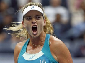 CoCo Vandeweghe, of the United States, shouts during her match with Karolina Pliskova, of Czech Republic, during the quarterfinals of the U.S. Open tennis tournament, Wednesday, Sept. 6, 2017, in New York. (AP Photo/Jason Decrow)