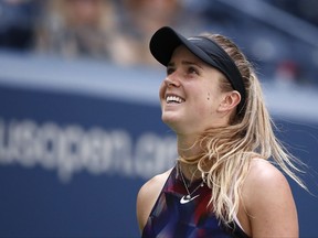 Elina Svitolina, of Ukraine, reacts after scoring a point against Evgeniya Rodina, of Russia, during the second round of the U.S. Open tennis tournament, Thursday, Aug. 31, 2017, in New York. (AP Photo/Andres Kudacki)