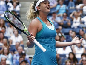 CoCo Vandeweghe, of the United States, reacts after beating Lucie Safarova, of the Czech Republic, during the fourth round of the U.S. Open tennis tournament, Monday, Sept. 4, 2017, in New York. (AP Photo/Peter Morgan)