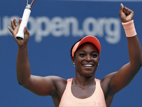 Sloane Stephens, of the United States, reacts after beating Anastasija Sevastova, of Latvia, during the quarterfinals of the U.S. Open tennis tournament, Tuesday, Sept. 5, 2017, in New York. (AP Photo/Adam Hunger)