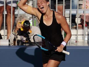 Kaia Kanepi, of Estonia, reacts after beating Darya Kasatkina, of Russia, during the fourth round of the U.S. Open tennis tournament, Monday, Sept. 4, 2017, in New York. (AP Photo/Andres Kudacki)