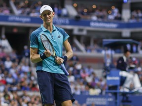 Kevin Anderson, of South Africa, reacts after giving up a point to Rafael Nadal, of Spain, during the men's singles final of the U.S. Open tennis tournament, Sunday, Sept. 10, 2017, in New York. (AP Photo/Andres Kudacki)