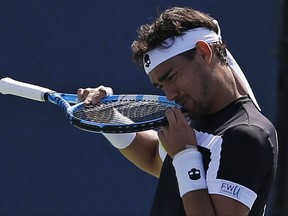 Fabio Fognini, of Italy, reacts after losing a point to Stefano Travaglia, of Italy, during the first round of the U.S. Open tennis tournament, Wednesday, Aug. 30, 2017, in New York. (AP Photo/Michael Noble)