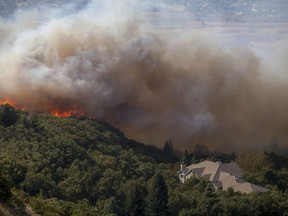 FILE- In this Sept. 5, 2017, file photo, a wildfire burns through residential areas near the mouth of Weber Canyon near Ogden, Utah. Interior Secretary Ryan Zinke is directing all land managers and park superintendents to be more aggressive in cutting down small trees and underbrush to prevent wildfires. In a memo on Tuesday, Sept. 12, Zinke said the Trump administration will take a new approach and work proactively to prevent fires "through aggressive and scientific fuels reduction management" to save lives, homes and wildlife habitat. (Benjamin Zack/Standard-Examiner via AP, File)