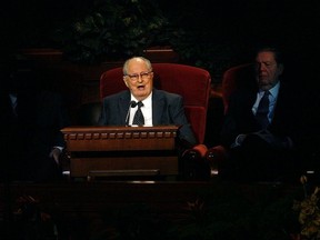 FILE--In this Oct. 2, 2011, file photo, Mormon Elder Robert D. Hales speaks at the 181st Semiannual General Conference in Salt Lake City.  Church spokesman Eric Hawkins said Thursday, Sept. 28, 2017,  Hales was taken to hospital several days ago for treatment of pulmonary and other conditions. The 85-year-old Hales won't attend the religion's twice-yearly conference on advice of his doctors. (Scott Sommerdorf/The Salt Lake Tribune via AP, file)