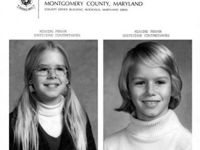 FILE - This image provided by the Montgomery County, Md., Police Department shows the original missing person/suspicious circumstances bulletin for the 1975 disappearance of sisters Sheila Lyon, left, and Katherine Lyon in Maryland, who never returned home from a shopping mall. Lloyd Lee Welch Jr., who plead guilty in the killing of the two young sisters, was sentenced Tuesday, Sept. 12, 2017, to two 48-year prison terms, more than four decades after the girls vanished during a trip to a local shopping mall. (Montgomery County, Md., Police Department via AP)