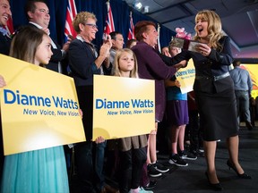 Conservative MP Dianne Watts, right, greets supporters as she walks on stage to announce she will seek the leadership of the B.C. Liberal Party, in Surrey, B.C., on Sunday September 24, 2017. THE CANADIAN PRESS/Darryl Dyck