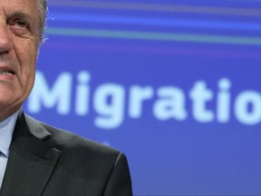 European Commissioner for Migration and Home Affairs Dimitris Avramopoulos speaks during a media conference at EU headquarters in Brussels on Wednesday, Sept. 27, 2017. The European Union is working on a new scheme to resettle at least 50,000 refugees and hopes it will help more asylum seekers from Northern Africa find new homes in Europe. (AP Photo/Virginia Mayo)