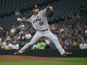 Houston Astros starting pitcher Justin Verlander throws against the Seattle Mariners in the first inning of a baseball game, Tuesday, Sept. 5, 2017, in Seattle. (AP Photo/Ted S. Warren)