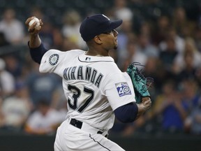 Seattle Mariners starting pitcher Ariel Miranda throws against the Houston Astros in the second inning of a baseball game, Tuesday, Sept. 5, 2017, in Seattle. (AP Photo/Ted S. Warren)