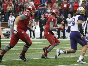 FILE - In this Nov. 25, 2016 file photo, Washington State offensive lineman Cody O'Connell (76) moves to provide protection for quarterback Luke Falk (4) during an NCAA college football game against Washington, in Pullman, Wash. When Cody O'Connell was a senior he was literally the biggest man on the campus of Wenatchee High School. At 6-foot-8 and more than 300 pounds at the time, few that could see eye-level with the massive O'Connell. Except this one kid. A sophomore named Trey Adams. Five years later, the former high school teammates are now two of the best offensive linemen in the country: Adams at No. 8 Washington and O'Connell at No. 24 Washington State. (AP Photo/Ted S. Warren, file)