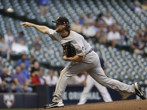 Pittsburgh Pirates starting pitcher Gerrit Cole throws during the first inning of a baseball game against the Milwaukee Brewers Tuesday, Sept. 12, 2017, in Milwaukee. (AP Photo/Morry Gash)