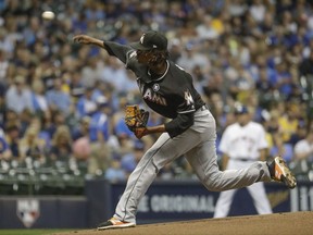 Miami Marlins starting pitcher Jose Urena throws during the first inning of a baseball game against the Miami Marlins Friday, Sept. 15, 2017, in Milwaukee. (AP Photo/Morry Gash)