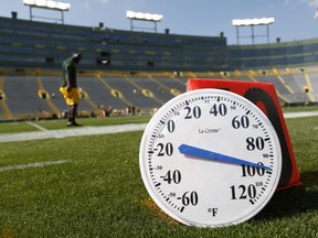 A thermometer on the field shows a temperature near 100 degrees as players start to warm up before an NFL football game between the Green Bay Packers and the Cincinnati Bengals Sunday, Sept. 24, 2017, in Green Bay, Wis. (AP Photo/Matt Ludtke)