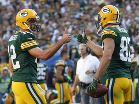 Green Bay Packers' Aaron Rodgers gives Jordy Nelson (87) a thumbs up after a touchdown catch during the second half of an NFL football game against the Seattle Seahawks Sunday, Sept. 10, 2017, in Green Bay, Wis. (AP Photo/Mike Roemer)
