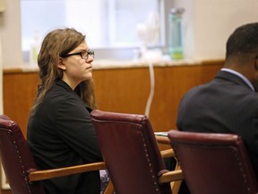 Anissa Weier, left, sits in court Thursday, Sept. 14, 2017, in Waukesha County Court, Waukesha County, Wis. Prosecutors allege that Weier and her friend, Morgan Geyser, lured classmate Payton Leutner into a Waukesha park in May 2014 and stabbed her 19 times. The girls have said it was an effort to  to please a fictional horror character known as Slender Man.  (Michael Sears//Milwaukee Journal-Sentinel via AP, Pool)