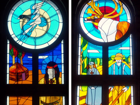 A portion of two of the six stained glass windows created as a truth and reconciliation project in Attawapiskat.