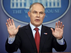FILE - In this June 2, 2017, file photo, EPA Administrator Scott Pruitt speaks to the media in the Brady Press Briefing Room of the White House in Washington. Employees at the Environmental Protection Agency are attending mandatory training sessions this week to reinforce federal laws and rules against leaking government information. Training materials from the hour-long class were obtained by The Associated Press.   (AP Photo/Pablo Martinez Monsivais, File)