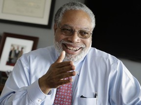 In this Sept. 21, 2017, photo, Lonnie Bunch, director of the Smithsonian National Museum of African American History and Culture, talks about the museum's first year and his vision for the future of the exhibits, in Washington. The museum is celebrating its first birthday just as popular as it was on its opening day (AP Photo/J. Scott Applewhite)