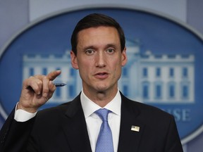 In this Sept. 11, 2017, photo, White House homeland security adviser Tom Bossert speaks during the daily news briefing at the White House, in Washington. Bossert is President Donald Trump's detail man, the secretary of the nitty-gritty and a steady hand as the White House confronts a pair of monster hurricanes. That's according to current and former administration officials who say the 42-year-old national security adviser is trusted by Trump. (AP Photo/Carolyn Kaster)