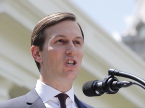 In this July 24, 2017 photo, White House senior adviser Jared Kushner speaks to reporters outside the White House after meeting on Capitol Hill behind closed doors with the Senate Intelligence Committee. Kushner attended a fundraiser Thursday night for Rep. Mark Meadows, R-N.C., who heads the conservative Freedom Caucus.  (AP Photo/Pablo Martinez Monsivais)