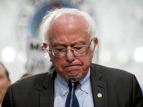 In this Sept. 13, 2017 photo, Sen. Bernie Sanders, I-Vt., pauses while speaking at a news conference on Capitol Hill in Washington.  Sanders is blasting President Donald Trump's foreign policy but also criticizing how the United States has engaged in world affairs for generations. (AP Photo/Andrew Harnik)