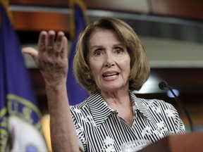 In this July 27, 2017 file photo, House Minority Leader Nancy Pelosi of Calif. gestures during a news conference on Capitol Hill in Washington