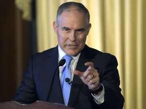 FILE - In this Feb. 21, 2017 file photo, Environmental Protection Agency (EPA) Administrator Scott Pruitt speaks in Washington. The EPA is spending nearly $25,000 to provide Pruitt something none of his predecessors have had _ a custom soundproof booth for making private phone calls. (AP Photo/Susan Walsh, File)