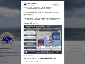 This tweet provided by the National Weather Service shows some of the fearful words being used to get people to warn people about Hurricane Irma and shock them into action, just as they did last month for Hurricane Harvey. (National Weather Service via AP)