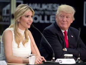 FILE - In this June 13, 2017, file photo, President Donald Trump, right, listens as his daughter, Ivanka Trump, speaks at a workforce development roundtable at Waukesha County Technical College in Pewaukee, Wis. It is no secret that the bulk of Ivanka Trump's merchandise comes from China. But just which Chinese companies manufacture and export her handbags, shoes and clothes is more secret than ever, an Associated Press investigation has found. Since she took on her White House role at the end of March, 90 percent of the shipments of her merchandise do not include public disclosure of the companies that sent the goods to the U.S., data shows. (AP Photo/Andrew Harnik, File)