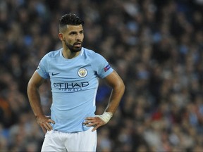 Manchester City's Sergio Aguero looks around the pitch during the Champions League Group F soccer match between Manchester City and Shakhtar Donetsk at Etihad stadium, Manchester, England, Tuesday, Sept. 26, 2017. (AP Photo/Rui Vieira)