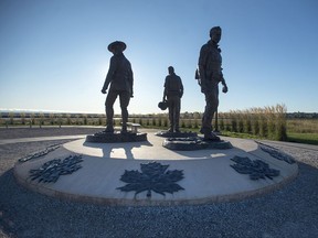 The monument honouring RCMP Constables Fabrice Gevaudan, Dave Ross and Doug Larche, gunned down in 2014, is seen in Moncton, N.B. on Friday, Sept. 29, 2017. The verdict is expected in the RCMP's trial on violating four charges of the Canada Labour Code related to the shooting incident. THE CANADIAN PRESS/Andrew Vaughan