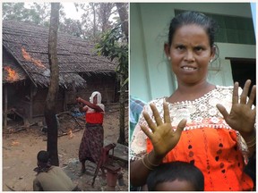 In this combination of two images in September 2017, at left, a photo provided by a local Buddhist Rakhine villager to prove an official narrative of Rohingya Muslim people setting fire to their own houses shows a woman wielding a machete with a group of people after setting fire to a Rohingya home. At right image made from video, the same woman, an Indian origin Myanmar woman with Hindu faith named Hazuli, gestures on Sept. 6, 2017, during an interview with journalists at a camp for refugees in Maungdaw, northern Rakhine state, Myanmar. (AP Photo)
